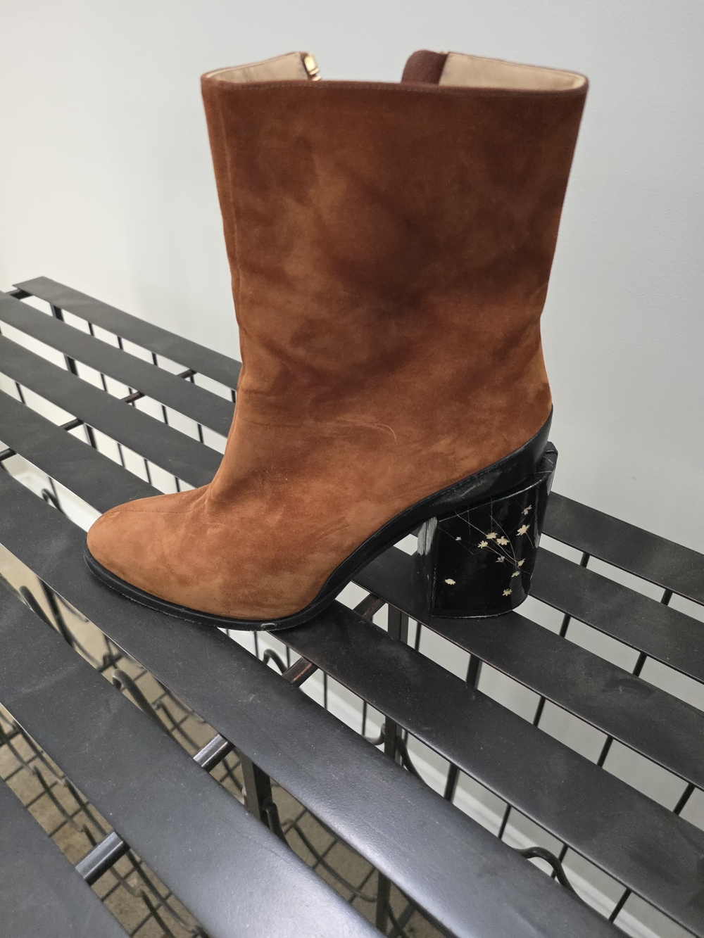 Dear Frances Chestnut Suede Ankle Boot with Black Patent Star-Embellished Heel - Picture 3 of 7